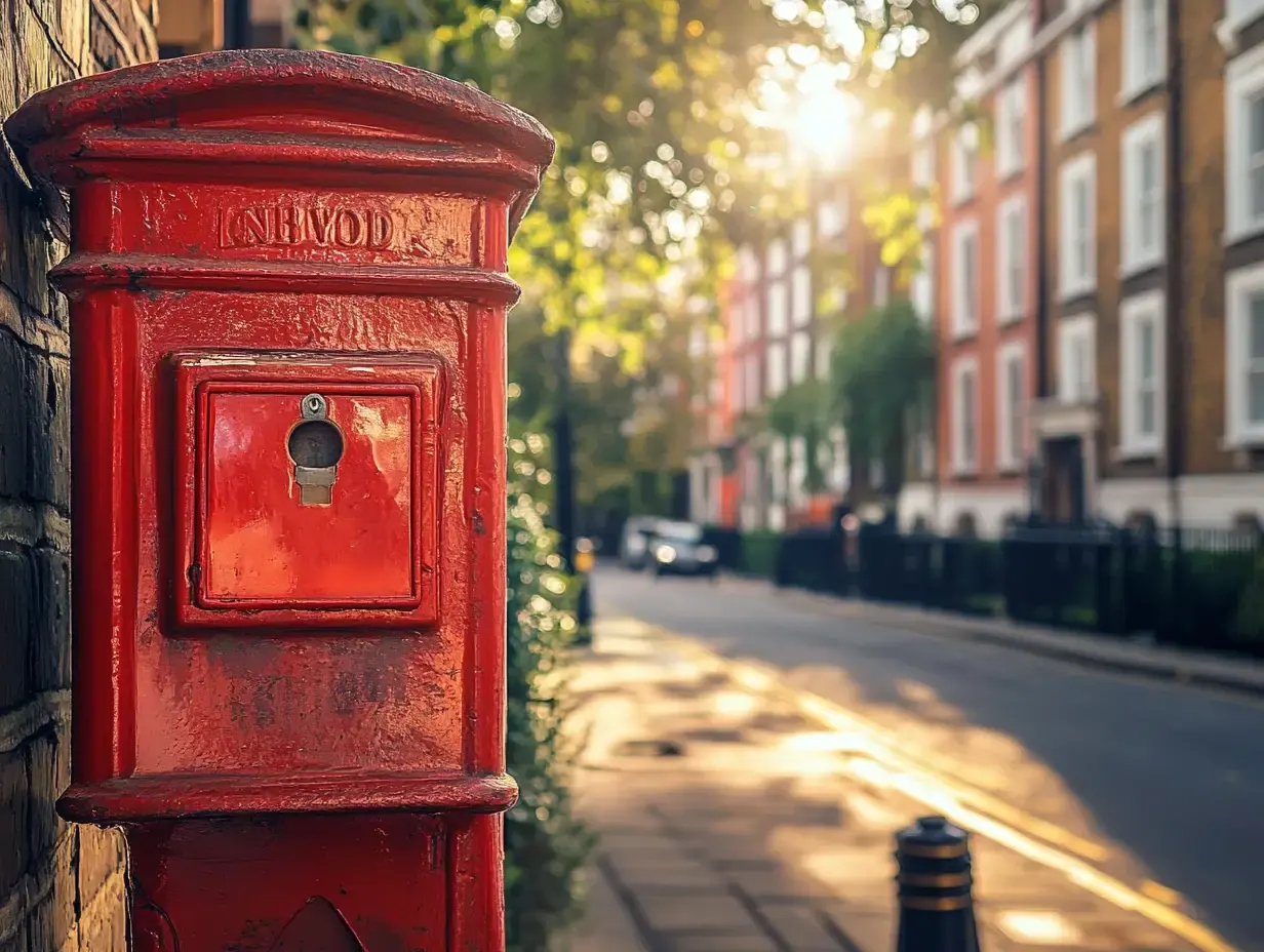 Old red post box next to a block of flats on a London street