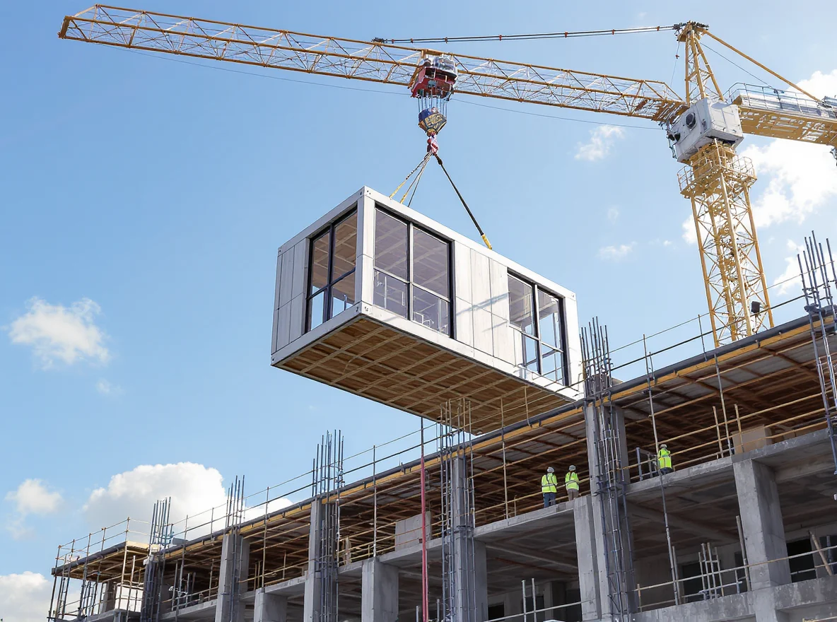 A prefabricated penthouse module being lifted by crane onto a London apartment building