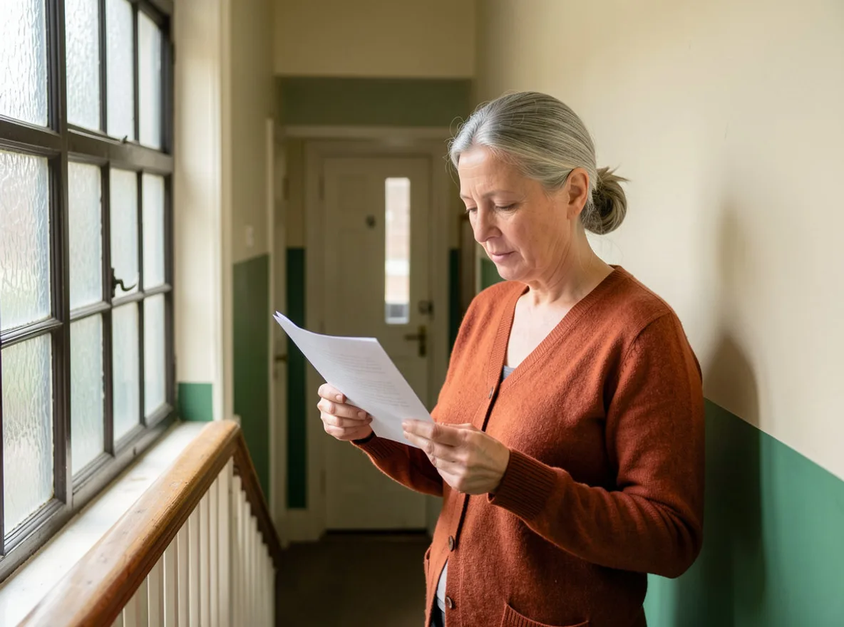 A woman in a rust-coloured cardigan standing on the landing of her 1930s block, reading a letter by the stairwell window