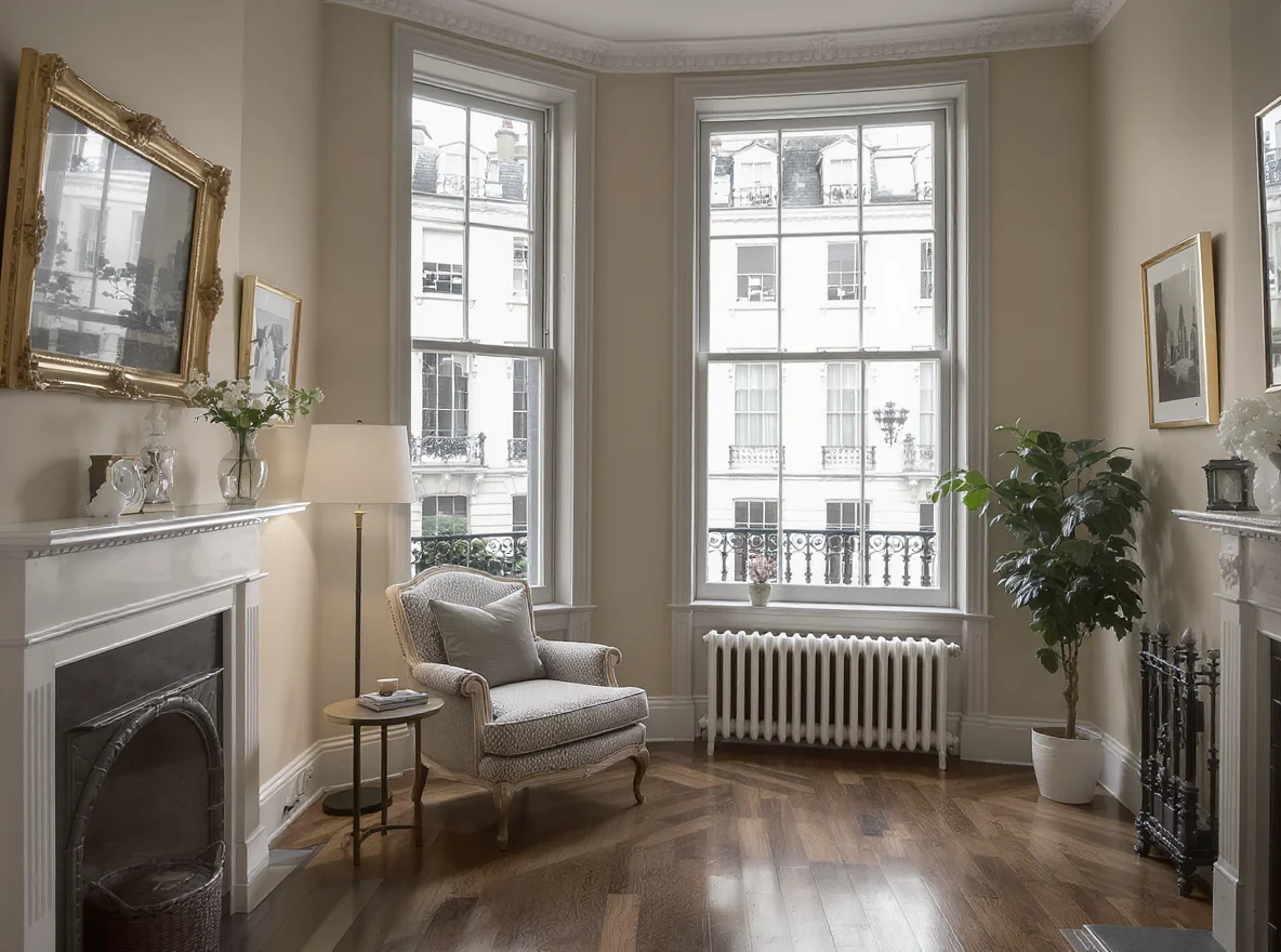 Interior of an elegant small London pied-a-terre flat with sash windows