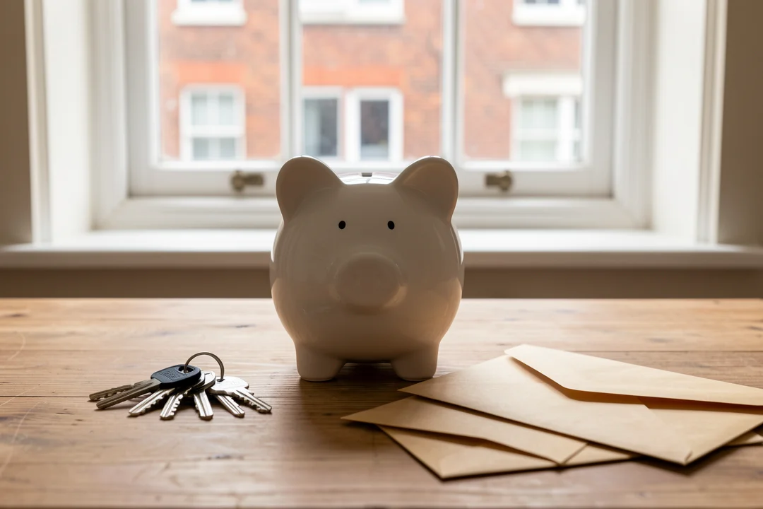 A white ceramic piggy bank on a kitchen table in a London flat, beside a bunch of keys and a pile of brown envelopes, with a brick block of flats through the window