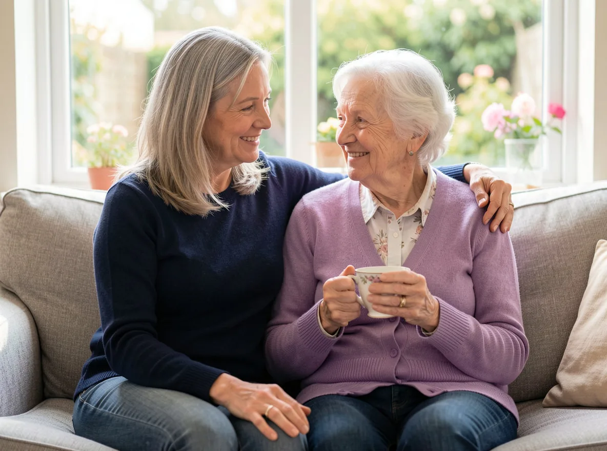 A woman in her fifties with an arm round her elderly mother's shoulders on a care home sofa, the mother holding a cup of tea and both smiling