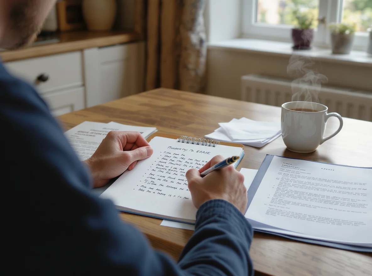 An anonymous over-the-shoulder view of a flat owner at a kitchen table writing a checklist with property documents, a lease and a mug of tea