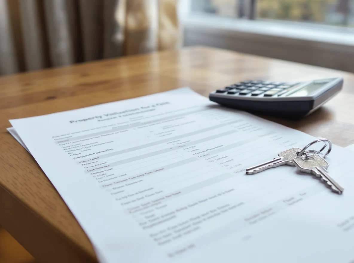 A property valuation sheet on a table by a window, with a calculator and a set of door keys