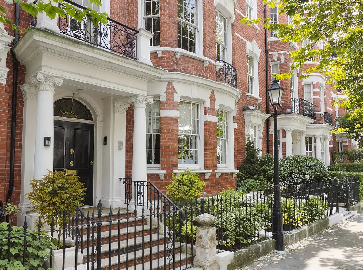 Elegant red-brick mansion block of luxury London flats on a tree-lined street