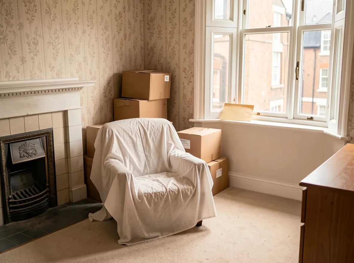 The living room of an empty older London flat with a dust sheet over an armchair, packed boxes against the wall and an envelope on the windowsill
