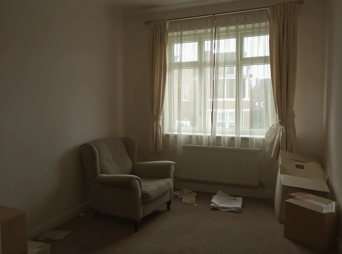 A dim, unmodernised flat left empty after a death, with a lone armchair by the window and part-packed boxes on the carpet