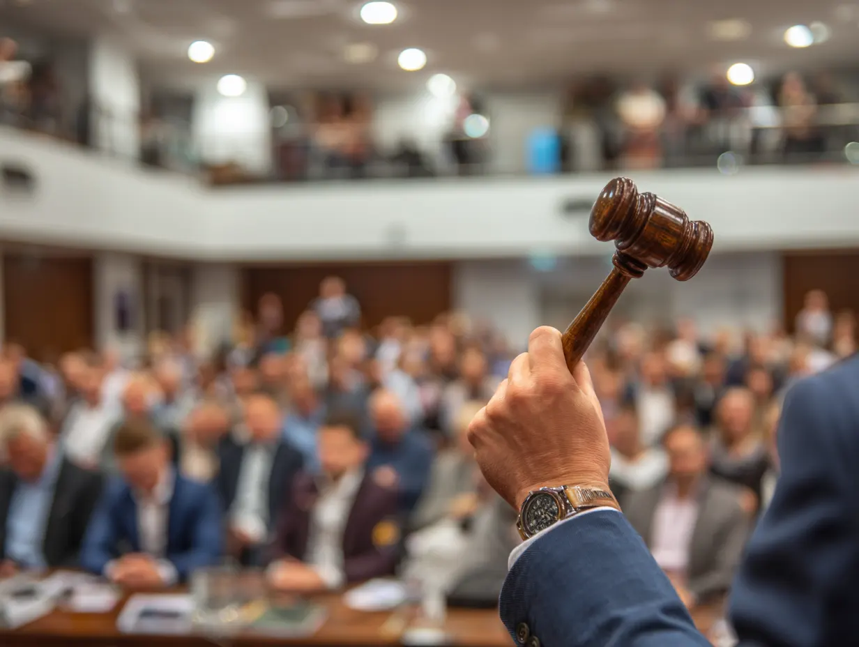 Property auctioneer with gavel in his hand