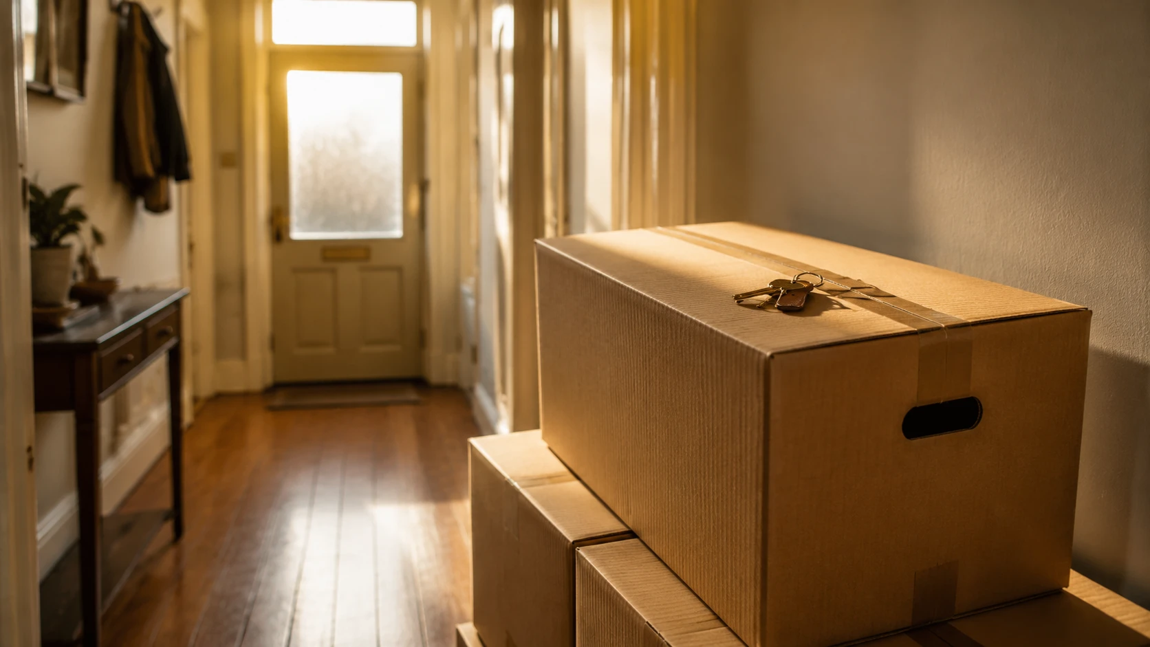 A British leasehold flat hallway with a stack of heavy-duty removal boxes by the sunlit front door and a set of brass keys on top, suggesting a planned move and handover