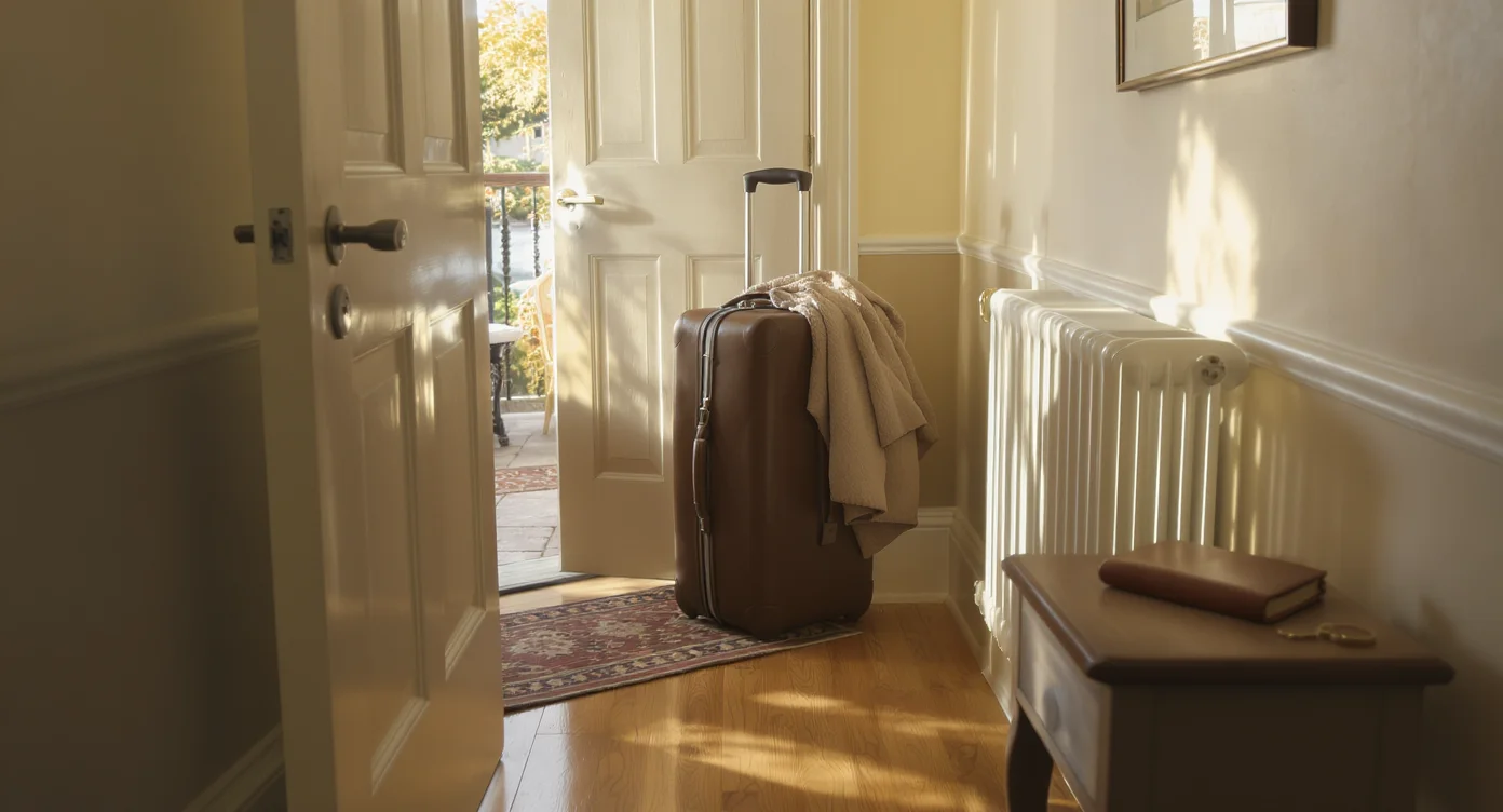 A sunlit British leasehold flat hallway with a packed dark leather suitcase by the door, a folded coat draped over the handle, travel documents and a set of brass keys on a console table, suggesting a planned move