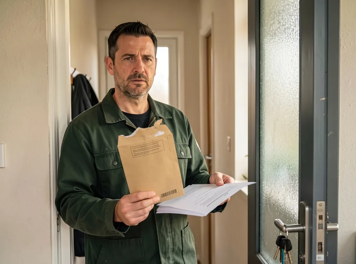 A man in a green work jacket just inside the front door of his flat, keys still in the lock, holding a brown envelope and the court letter from inside it