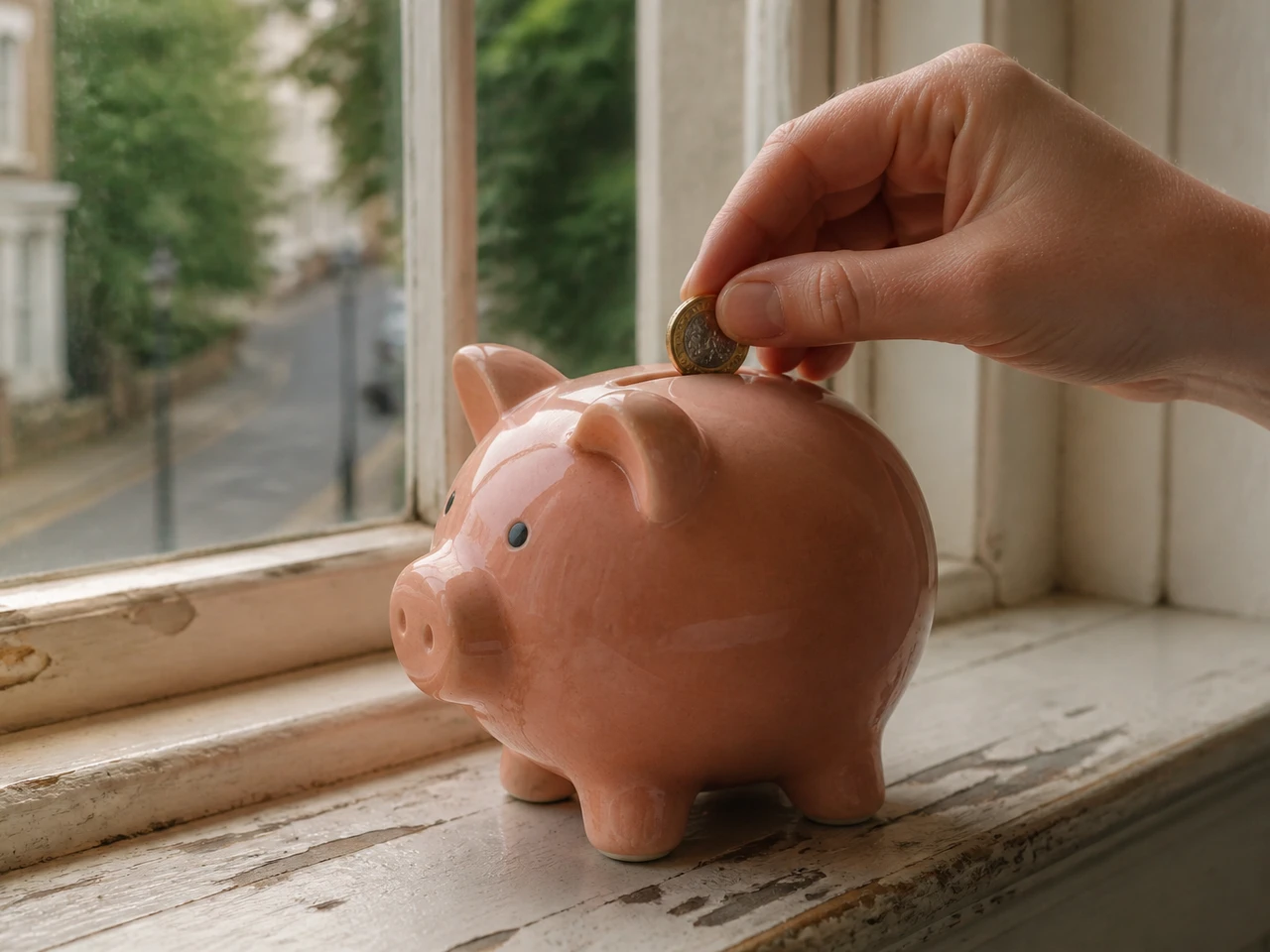 A classic ceramic piggy bank on the worn windowsill of a period building, with a hand posting a two pound coin into the slot