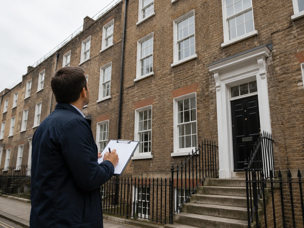 A surveyor with a clipboard standing outside a London block of flats, looking up at the building