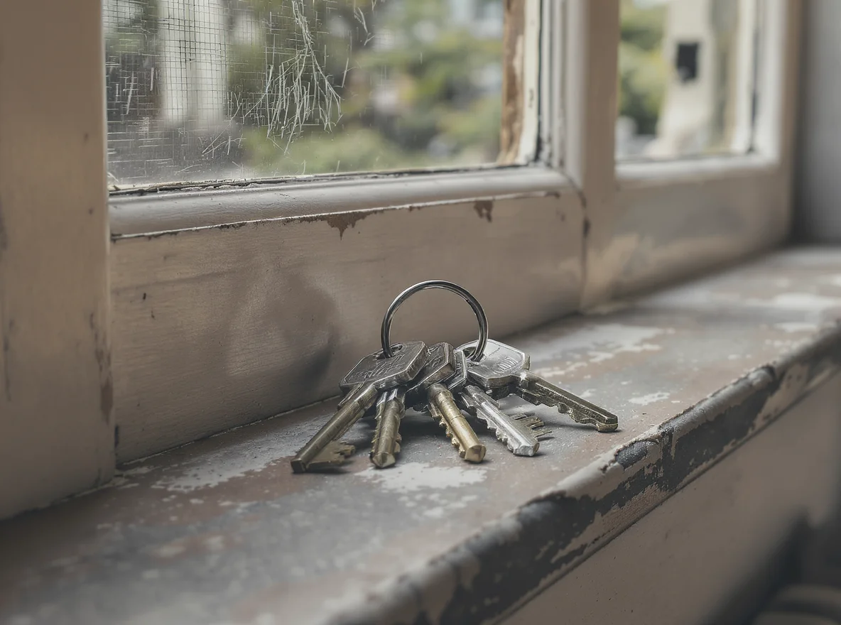 A set of house and door keys on a keyring resting on the worn painted windowsill of a period building