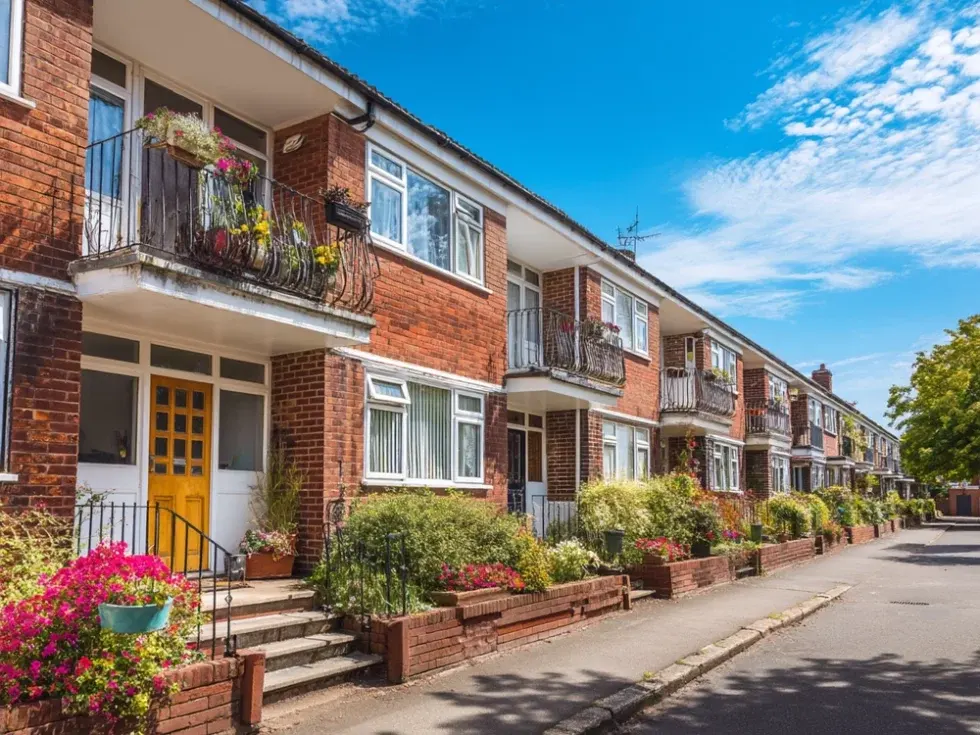Row of maisonettes with flowers in the garden