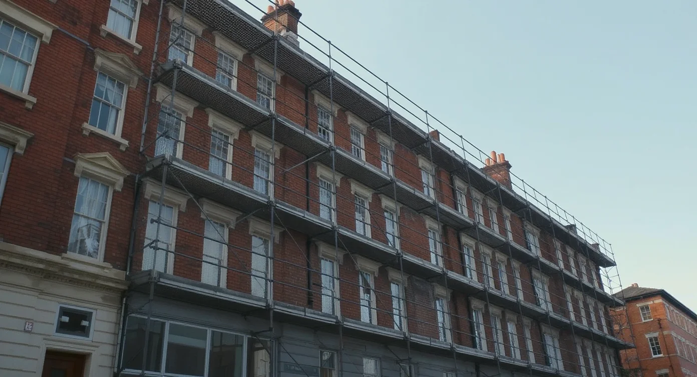 Scaffolding on a residential brick apartment block undergoing major works