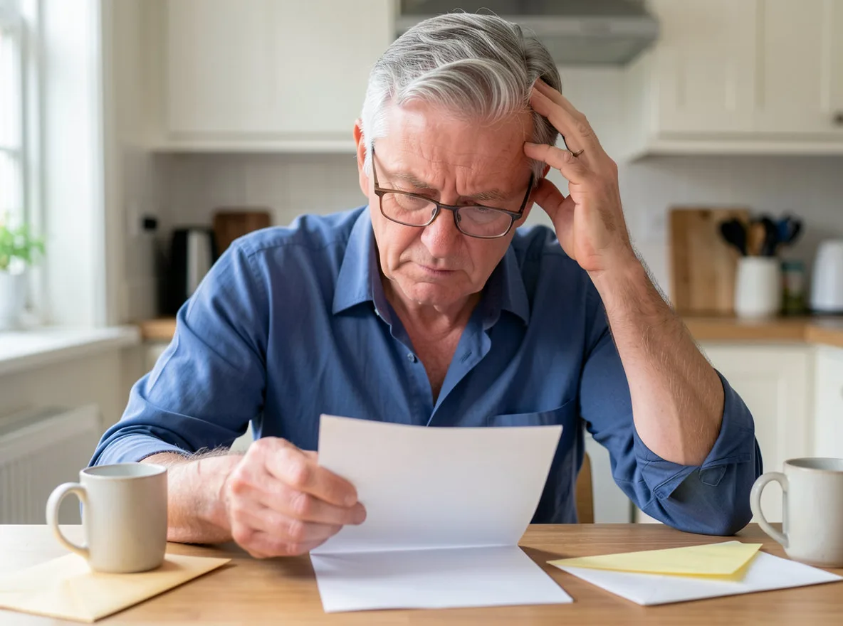 A grey-haired man in glasses and a blue shirt sitting at the kitchen table of a London flat, one hand in his hair, frowning at an opened letter, with a mug and envelopes on the table