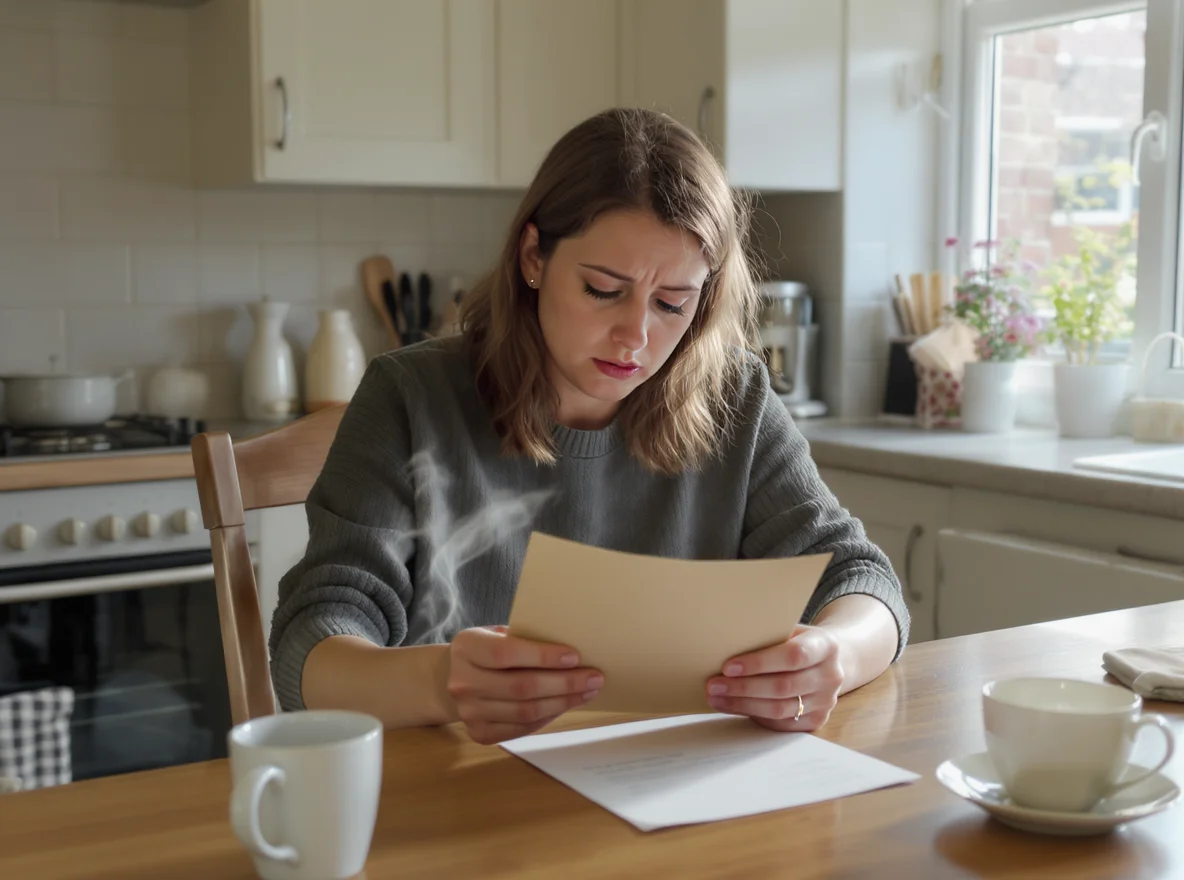 Person at a kitchen table opening a brown envelope letter