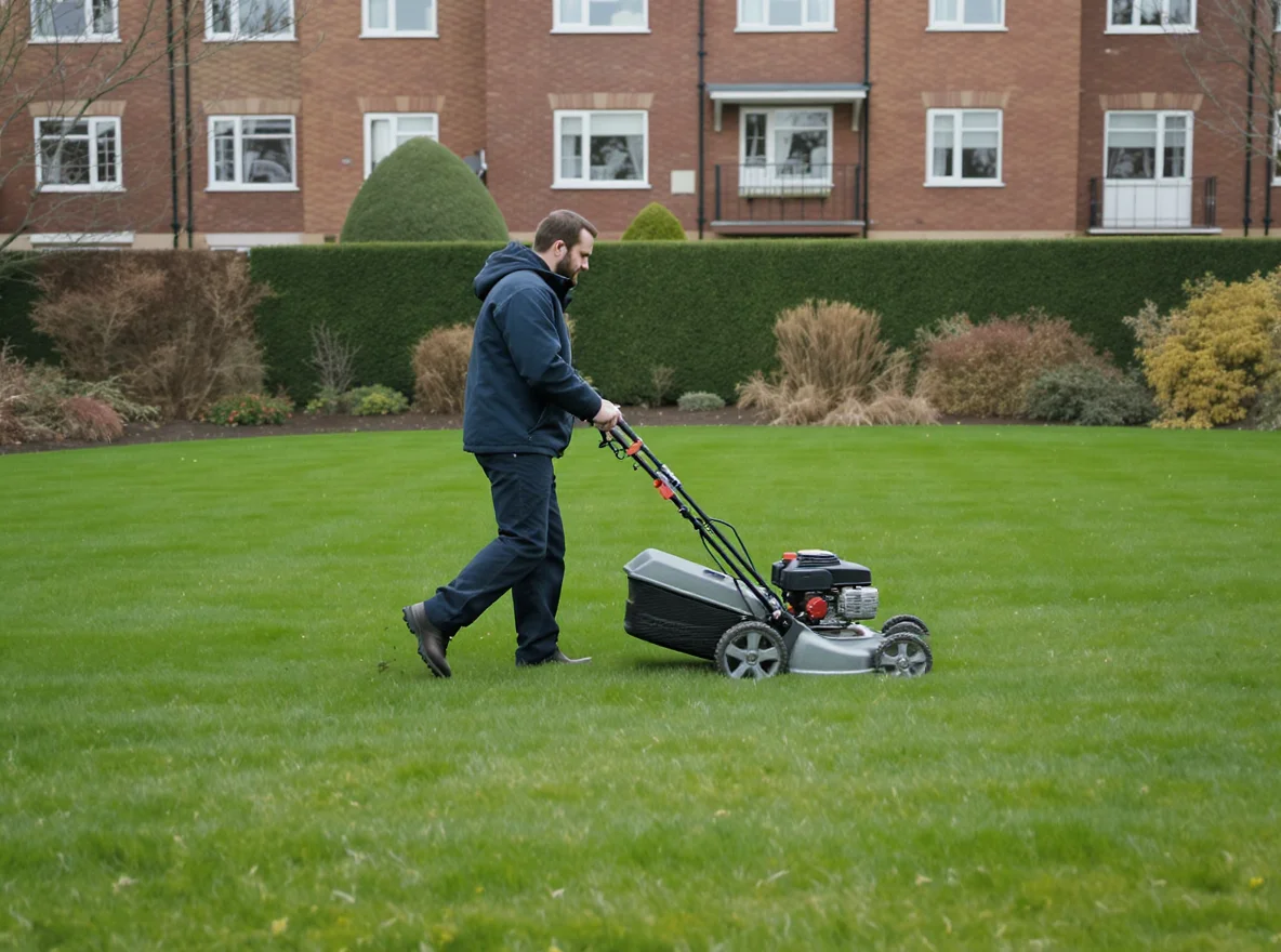 A grounds maintenance gardener mowing the striped communal lawn of a residential block of flats, the kind of upkeep a service charge pays for