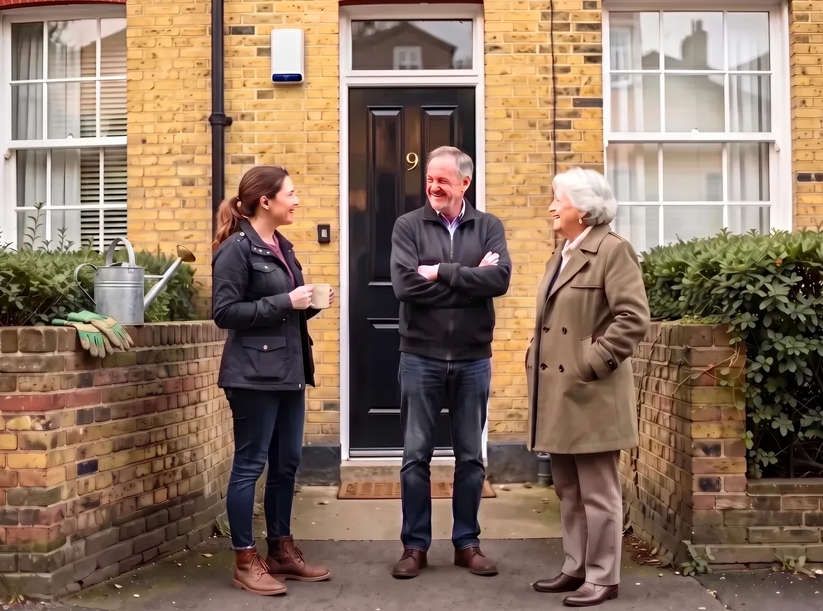 Three neighbours of different ages chatting on the path outside a converted Victorian house in London, with a single black front door behind them