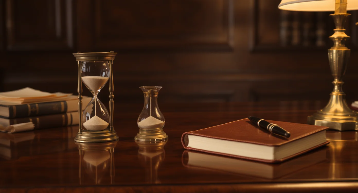 A brass hourglass beside a notebook, representing short lease questions