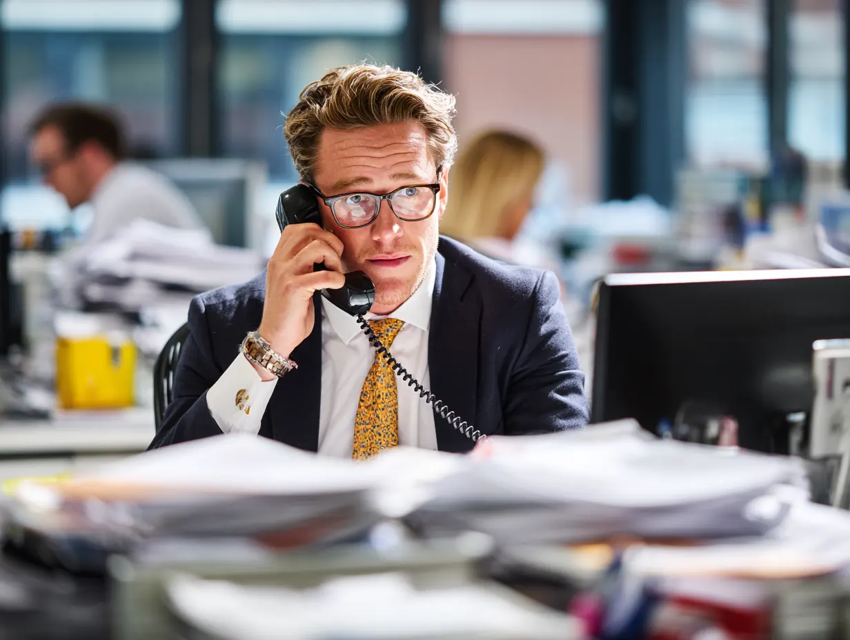 Solicitor on the phone in a busy office