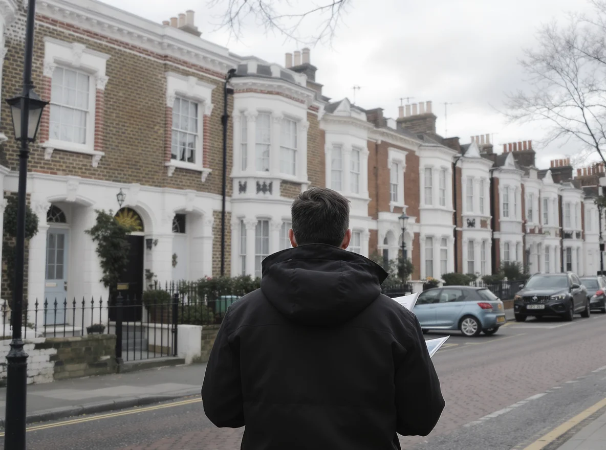 A prospective buyer standing outside a London flat looking up at the property