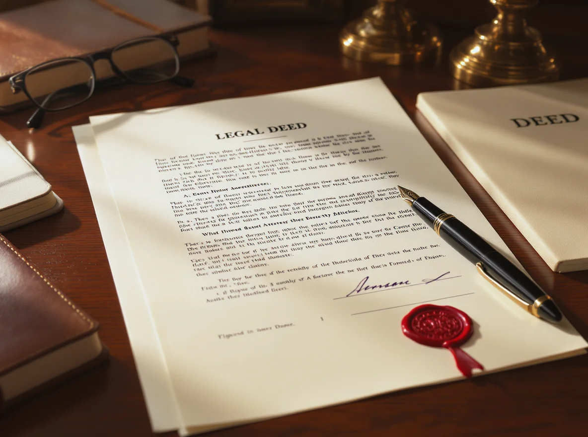 A cream-coloured UK legal deed on a polished wooden desk, with a vintage black fountain pen resting across it