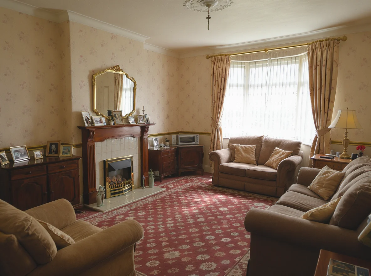 Interior of an empty old-fashioned British leasehold flat with dated decor, awaiting sale as part of a probate estate