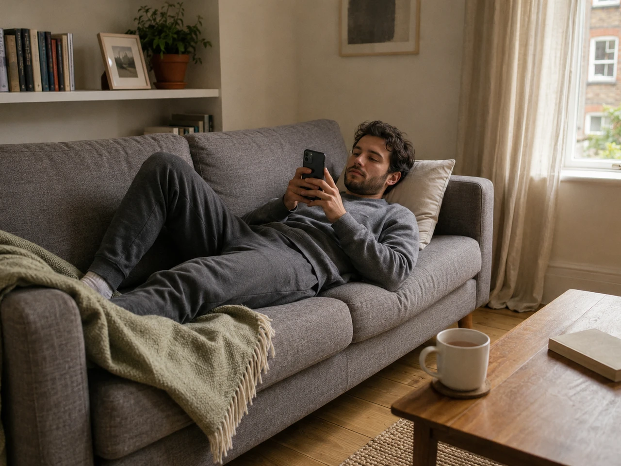 A young adult tenant in casual home-clothes lying lengthwise on a grey sofa in a lived-in UK rental flat, looking at their phone, soft afternoon light from a window, books and a houseplant on alcove shelving in the background