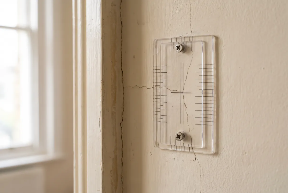 A clear plastic crack-monitoring gauge screwed across a crack in the plaster wall of a flat, beside a door frame