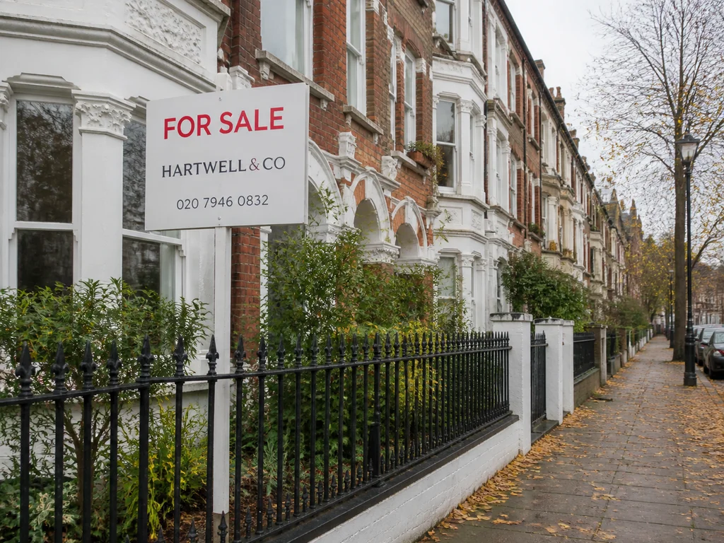 An estate agent For Sale board outside a London leasehold flat with autumn leaves on the pavement
