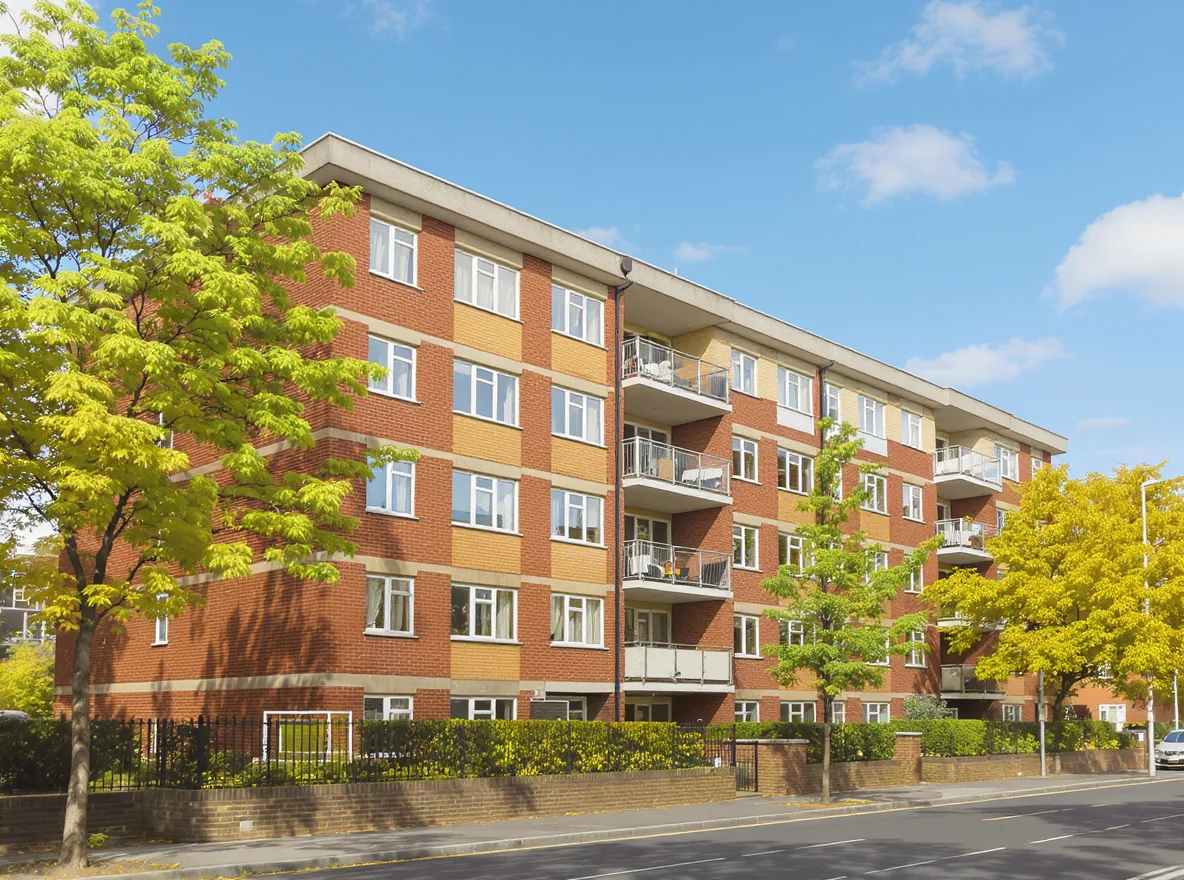 Exterior of a well-maintained London ex-council residential block in red and yellow brick