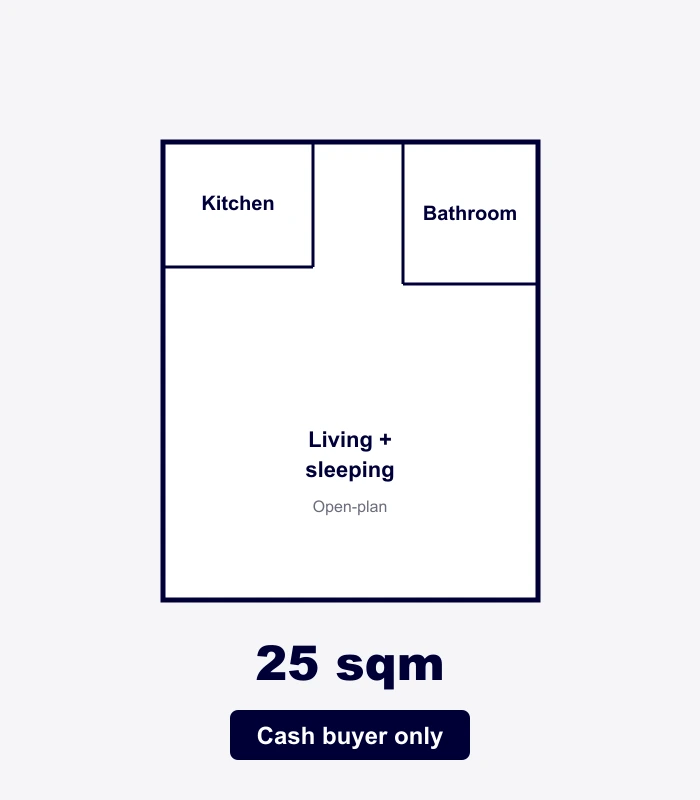 25 sqm studio floorplan: open-plan living and sleeping area with kitchen and bathroom partitioned. Cash buyer only.