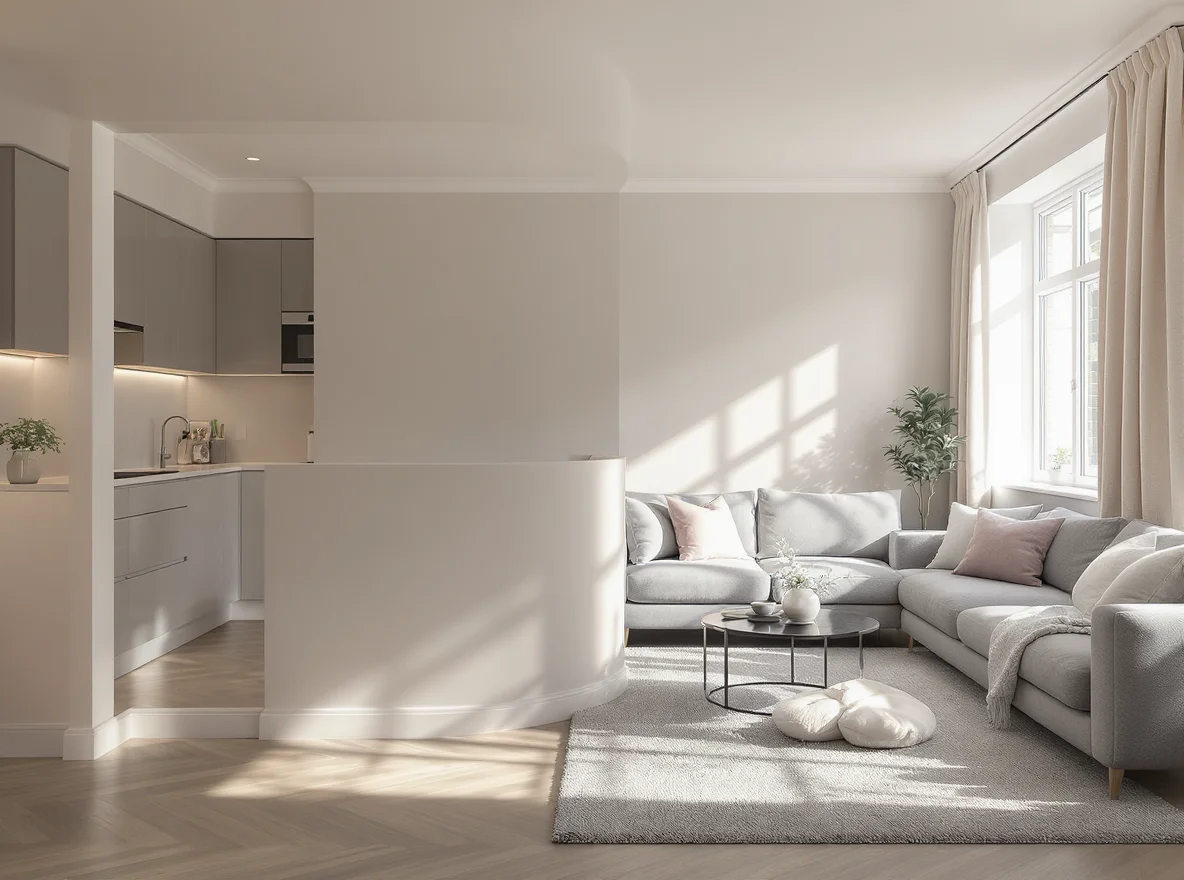 Interior of an L-shaped London studio flat with a zoned sleeping area separated from the living space