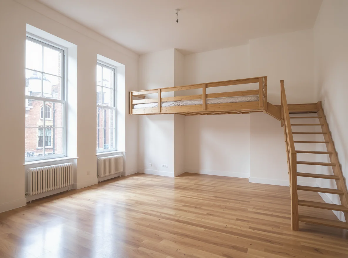 Interior of a London mezzanine studio flat with a sleeping platform above the living area