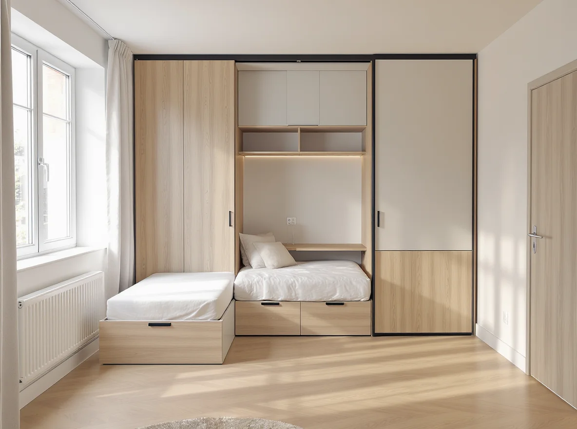Interior of a modern London modular studio flat with foldaway furniture and sliding partitions