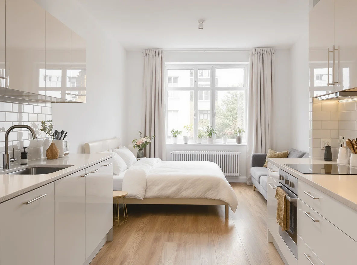 Interior of an open-plan London studio flat with bed, kitchen and living area in one room