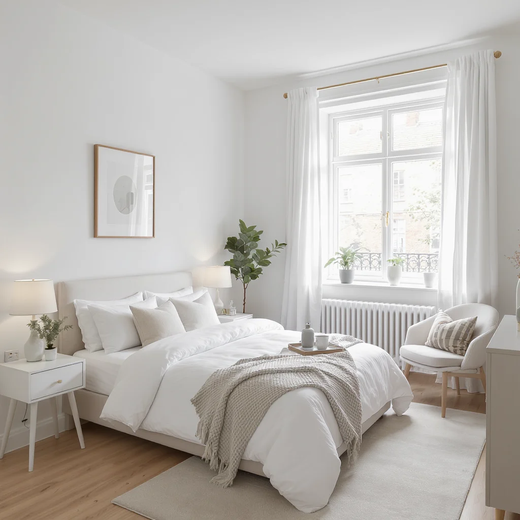 A tastefully staged London studio flat ready for sale, with neutral linen, soft lighting and minimal styling
