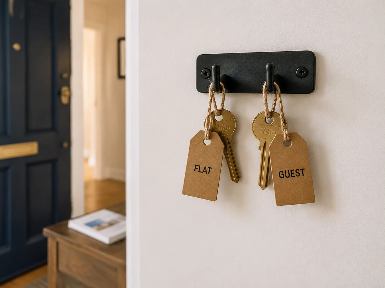 Two keys on a wall hook, one tag labelled FLAT and the other labelled GUEST