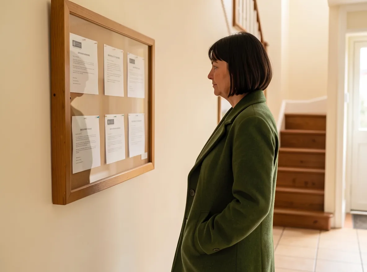 A woman in a green coat, hands in her pockets, reading the notices pinned behind the glass of the residents' noticeboard in the entrance hall of her block