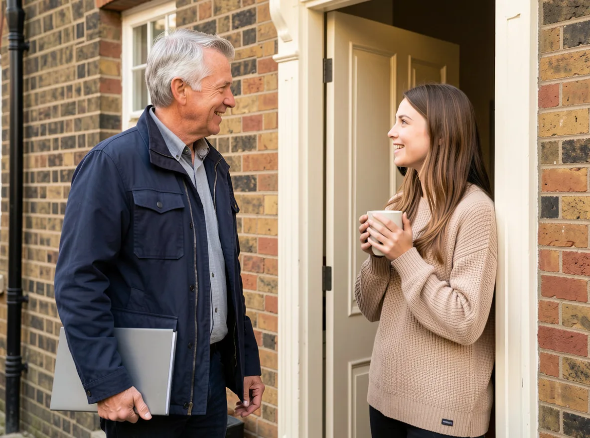 A landlord with a folder under his arm chatting with his tenant, who holds a mug in the open doorway of a converted London house