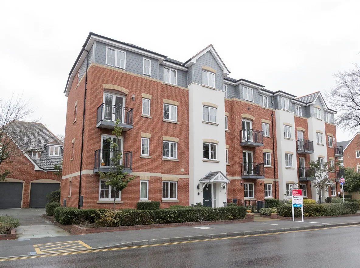 A modern purpose-built block of flats with a small For Sale board outside, the kind of buy-to-let block landlords sell