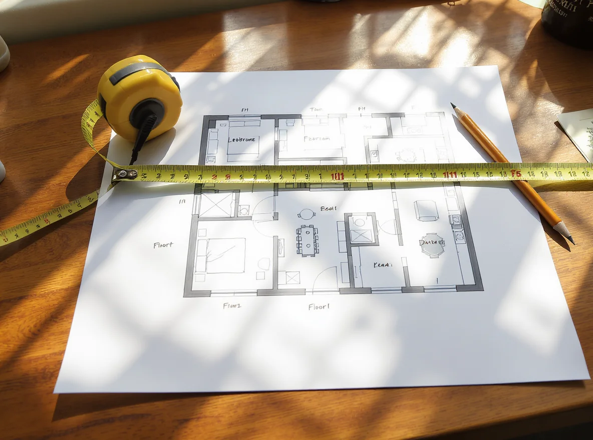Floor plan sketch of a tiny studio flat with a tape measure showing small dimensions