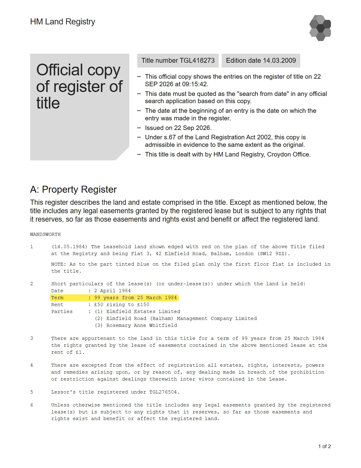 An example official copy of a leasehold title register, with the lease term line highlighted in the property register