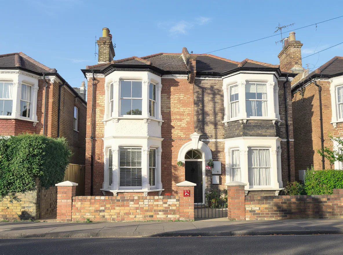 A 1930s London house converted into two flats with a For Sale board outside