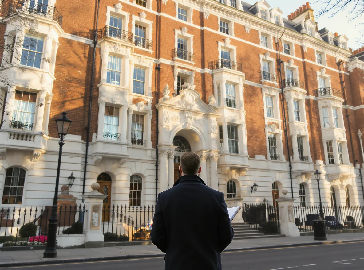 A property surveyor standing outside a London Edwardian mansion block, viewed from behind