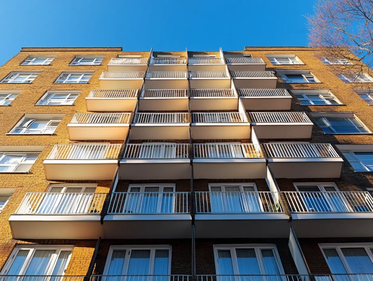 View from the ground, looking up to a block of flats in London