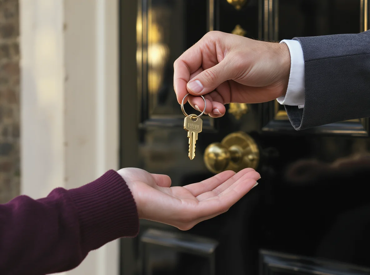 Two flat keys on a brass keyring being passed between two hands in front of a glossy black London Georgian front door at golden hour
