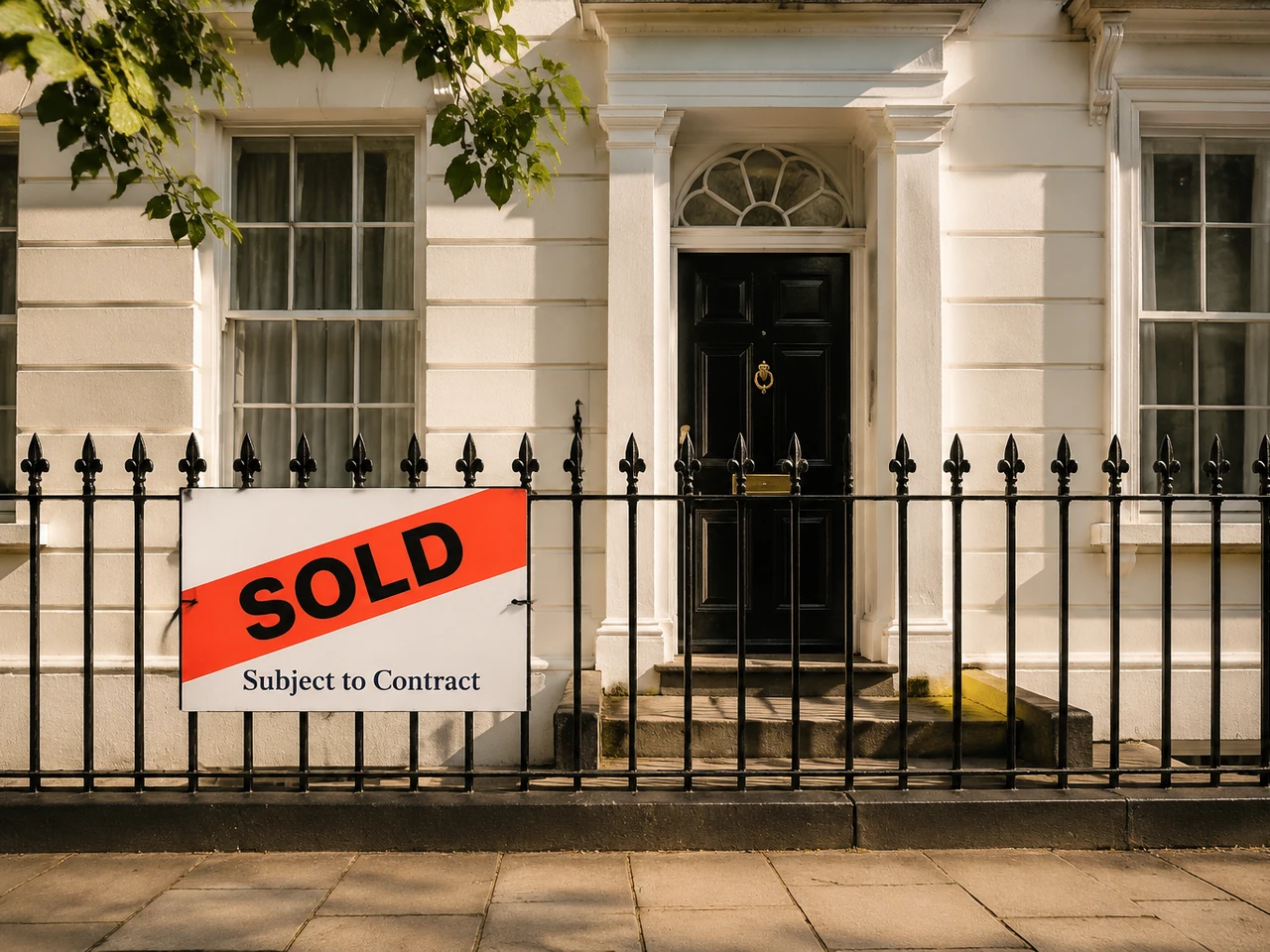 A SOLD Subject to Contract estate agent board outside a London period flat conversion at golden hour